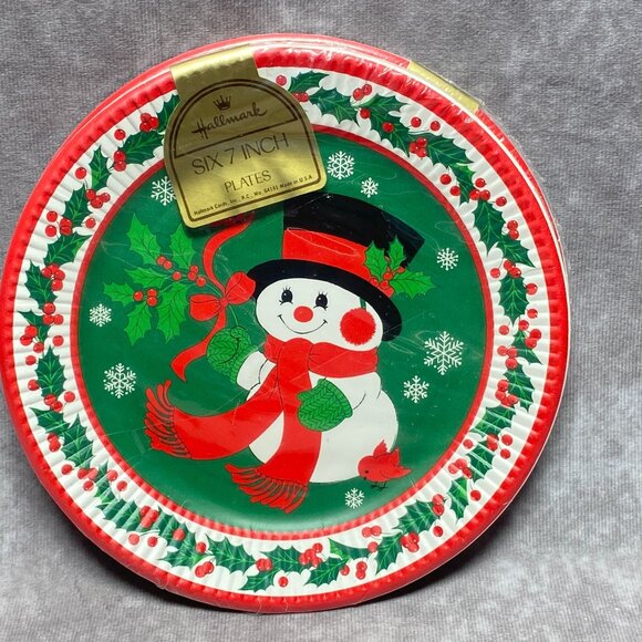 Vintage Hallmark Christmas Party Set Plates Glasses & Invitations Snowman Design - Picture 2 of 6